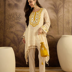 Cotton Schiffli Mirror Work A-Line Kurta With Trouser With Bags Kurta Set