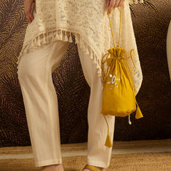 Cotton Schiffli Mirror Work A-Line Kurta With Trouser With Bags Kurta Set