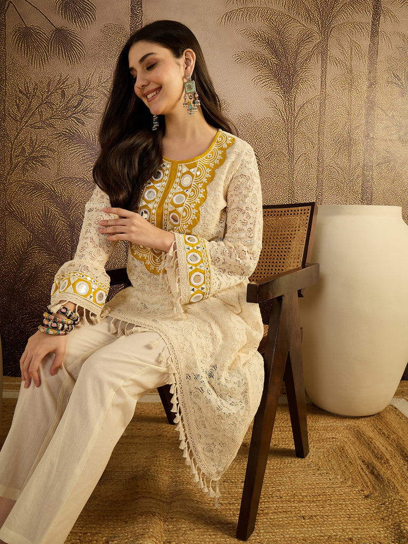 Cotton Schiffli Mirror Work A-Line Kurta With Trouser With Bags Kurta Set