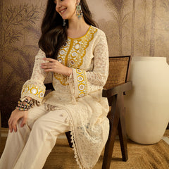 Cotton Schiffli Mirror Work A-Line Kurta With Trouser With Bags Kurta Set