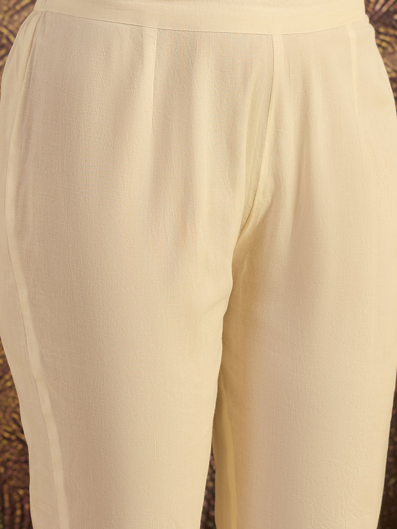 Cotton Schiffli Mirror Work A-Line Kurta With Trouser With Bags Kurta Set