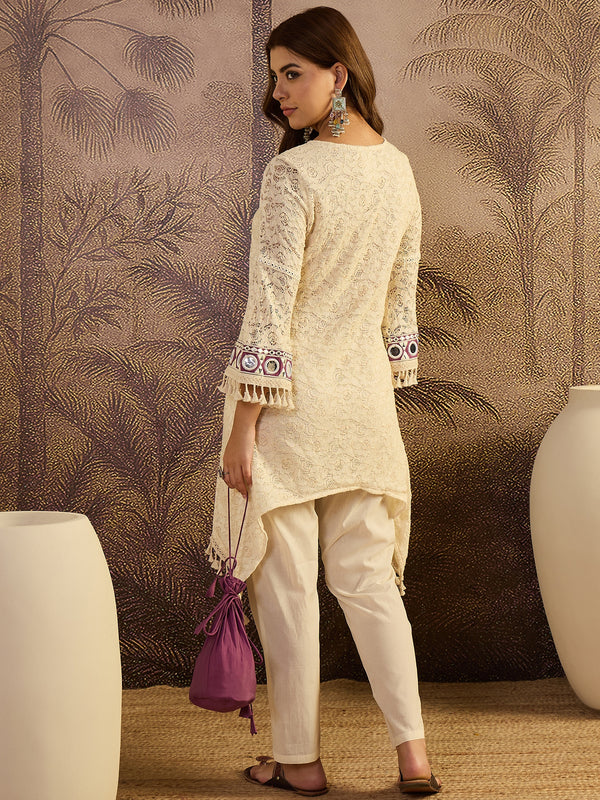 Cotton Schiffli Mirror Work A-Line Kurta With Trouser With Bags Kurta Set