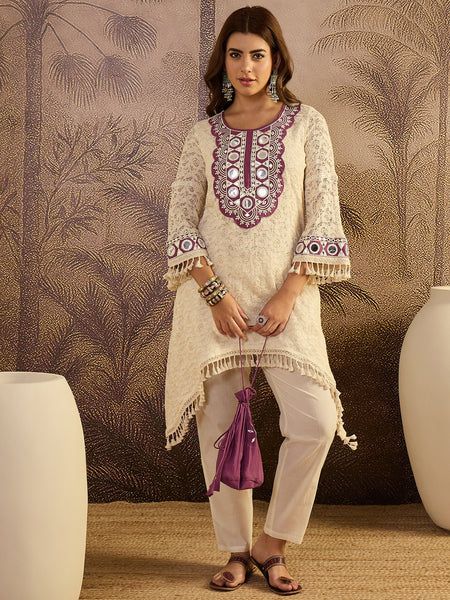 Cotton Schiffli Mirror Work A-Line Kurta With Trouser With Bags Kurta Set
