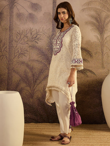 Cotton Schiffli Mirror Work A-Line Kurta With Trouser With Bags Kurta Set