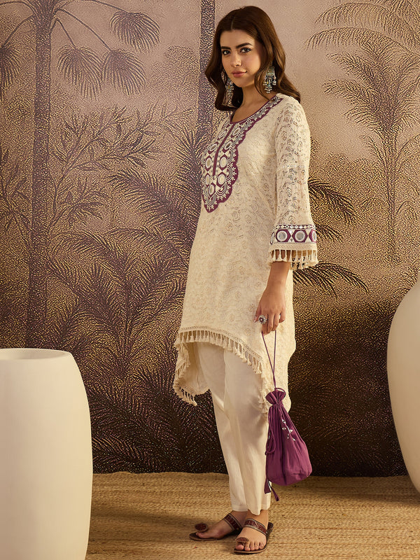 Cotton Schiffli Mirror Work A-Line Kurta With Trouser With Bags Kurta Set