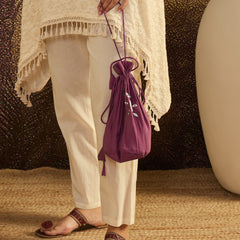 Cotton Schiffli Mirror Work A-Line Kurta With Trouser With Bags Kurta Set