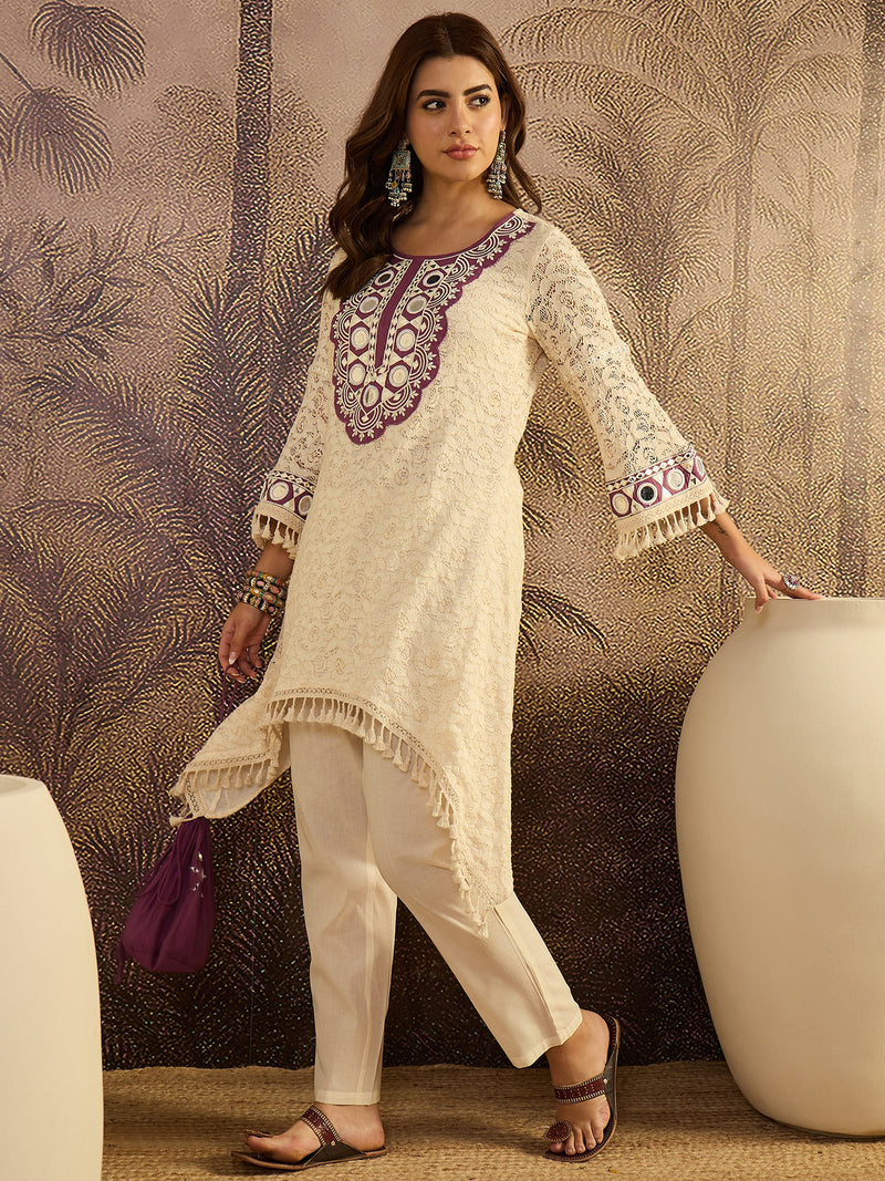 Cotton Schiffli Mirror Work A-Line Kurta With Trouser With Bags Kurta Set