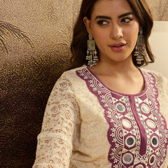 Cotton Schiffli Mirror Work A-Line Kurta With Trouser With Bags Kurta Set