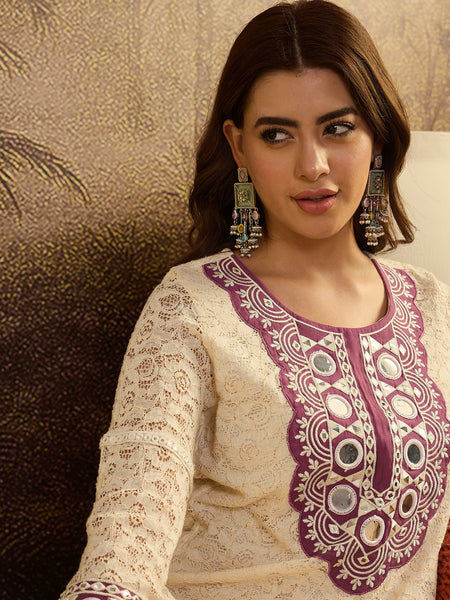 Cotton Schiffli Mirror Work A-Line Kurta With Trouser With Bags Kurta Set