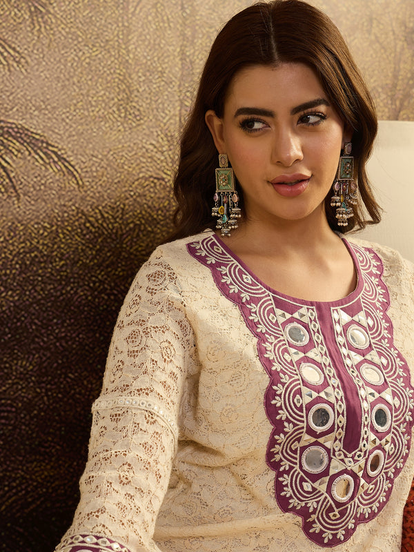 Cotton Schiffli Mirror Work A-Line Kurta With Trouser With Bags Kurta Set