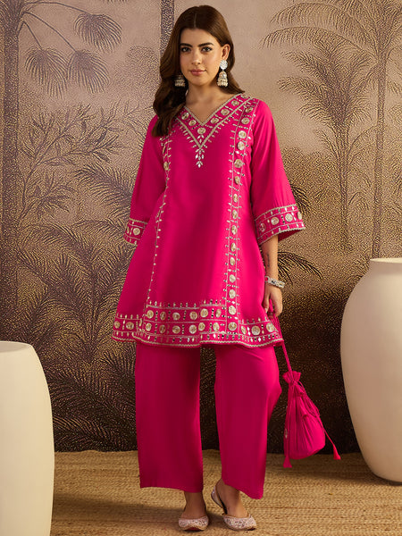 Dark Pink Floral Embroidered A-line Kurta With Trouser Kurta Set