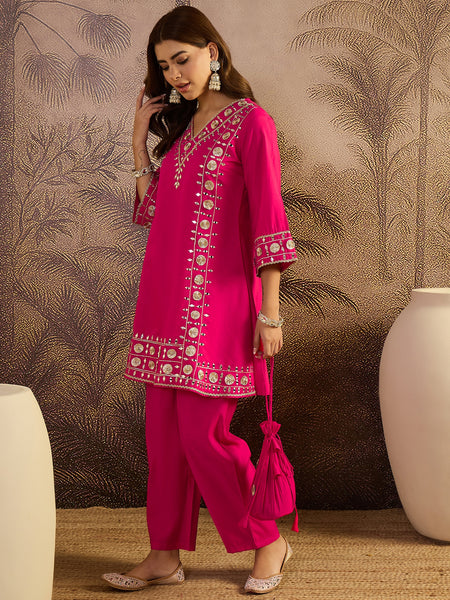 Dark Pink Floral Embroidered A-line Kurta With Trouser Kurta Set