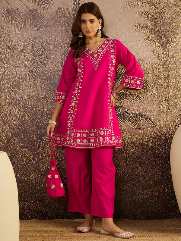 Dark Pink Floral Embroidered A-line Kurta With Trouser Kurta Set