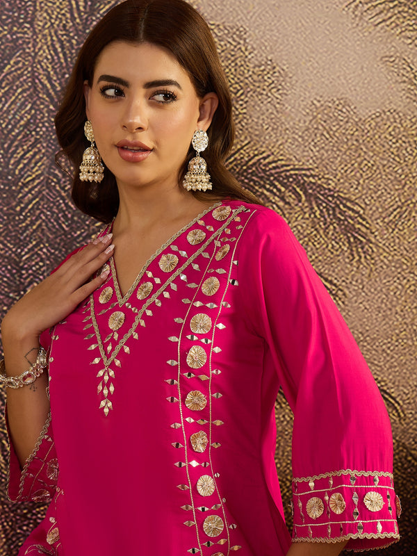 Dark Pink Floral Embroidered A-line Kurta With Trouser Kurta Set