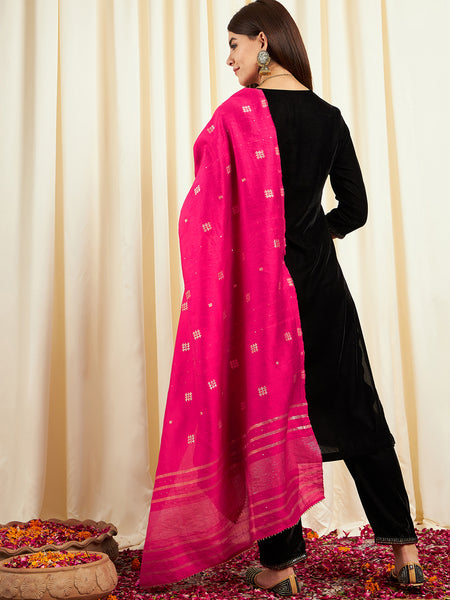 Black Ethnic Motifs Yoke Design Velvet Straight Kurta & Trouser With Dupatta Kurta Set