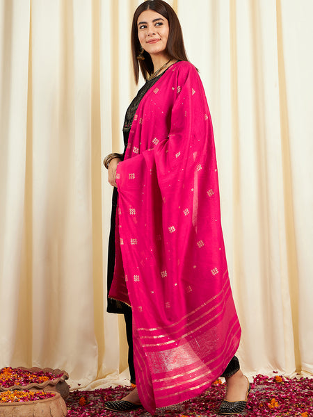 Black Ethnic Motifs Yoke Design Velvet Straight Kurta & Trouser With Dupatta Kurta Set