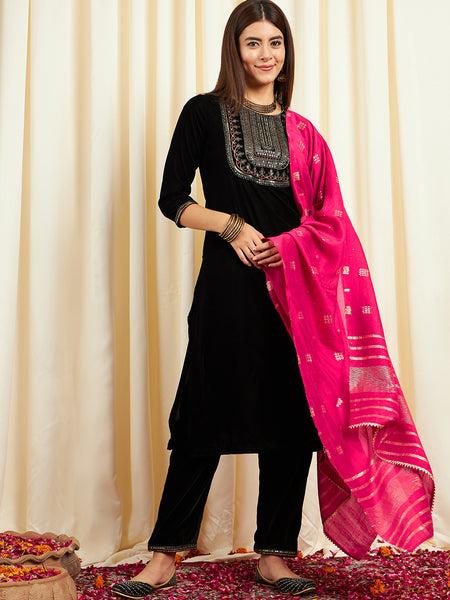 Black Ethnic Motifs Yoke Design Velvet Straight Kurta & Trouser With Dupatta Kurta Set