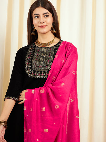 Black Ethnic Motifs Yoke Design Velvet Straight Kurta & Trouser With Dupatta Kurta Set