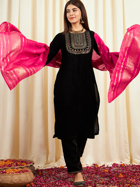 Black Ethnic Motifs Yoke Design Velvet Straight Kurta & Trouser With Dupatta Kurta Set