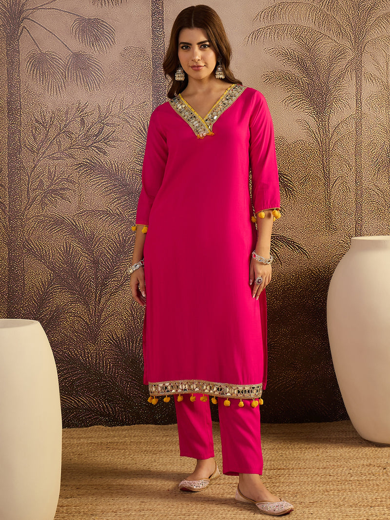 Floral Embroidered Straight Kurta With Trouser & Dupatta Kurta Set
