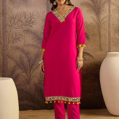 Floral Embroidered Straight Kurta With Trouser & Dupatta Kurta Set