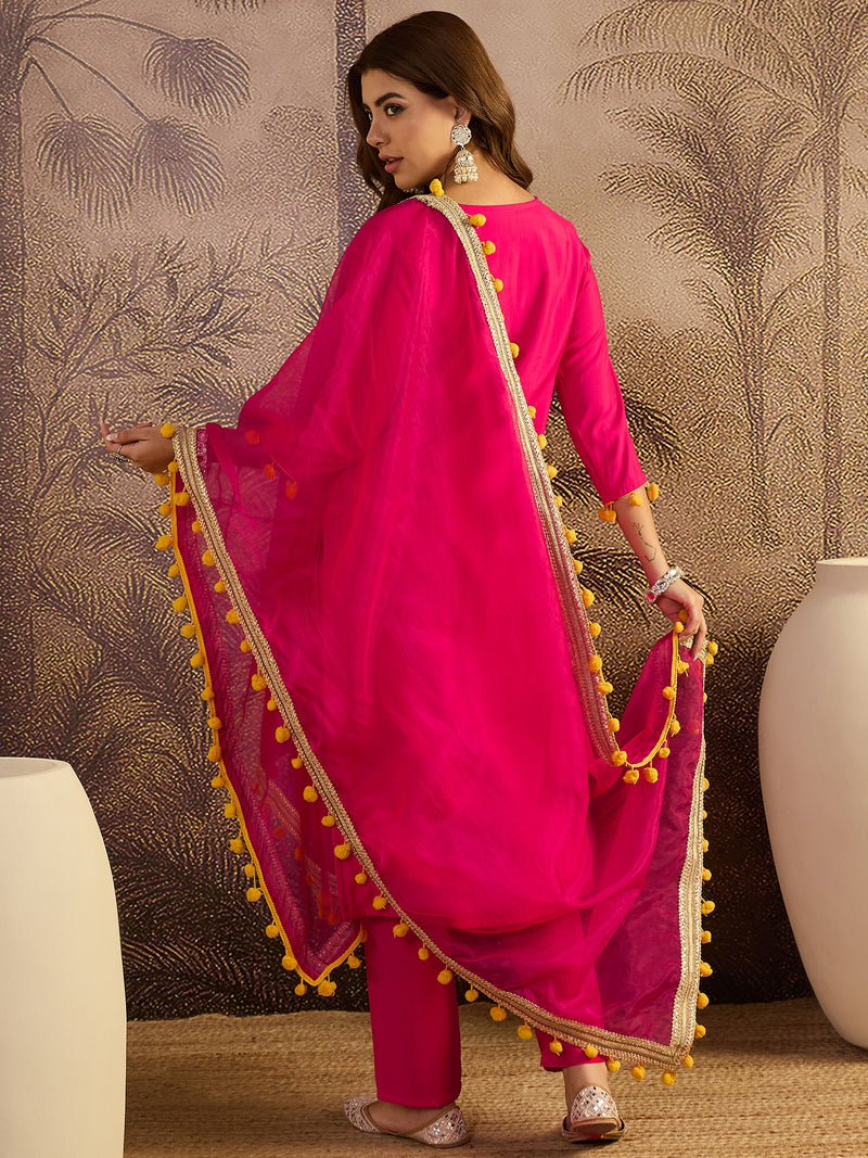 Floral Embroidered Straight Kurta With Trouser & Dupatta Kurta Set