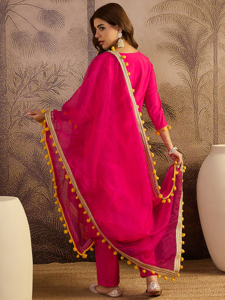 Floral Embroidered Straight Kurta With Trouser & Dupatta Kurta Set