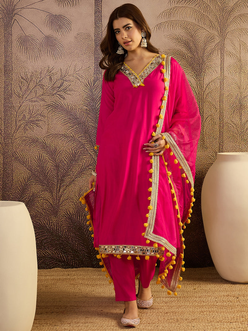 Floral Embroidered Straight Kurta With Trouser & Dupatta Kurta Set