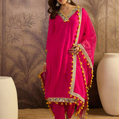 Floral Embroidered Straight Kurta With Trouser & Dupatta Kurta Set