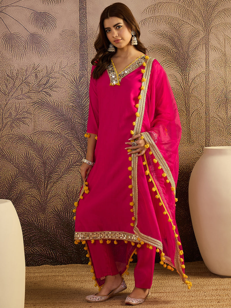 Floral Embroidered Straight Kurta With Trouser & Dupatta Kurta Set