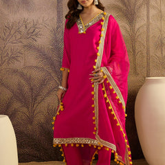 Floral Embroidered Straight Kurta With Trouser & Dupatta Kurta Set