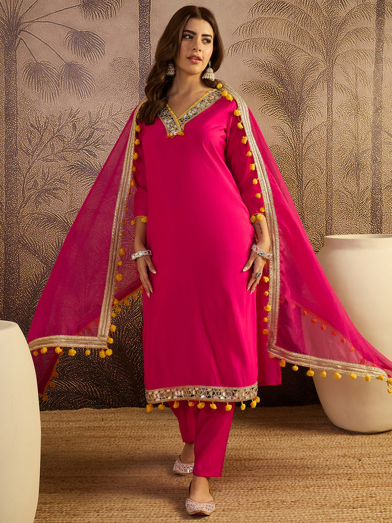 Floral Embroidered Straight Kurta With Trouser & Dupatta Kurta Set