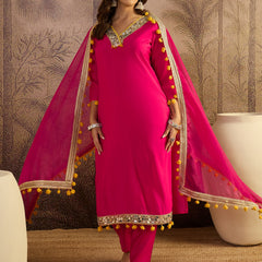 Floral Embroidered Straight Kurta With Trouser & Dupatta Kurta Set