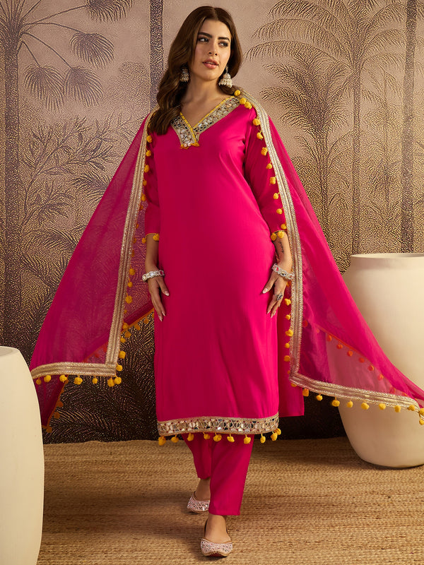 Floral Embroidered Straight Kurta With Trouser & Dupatta Kurta Set