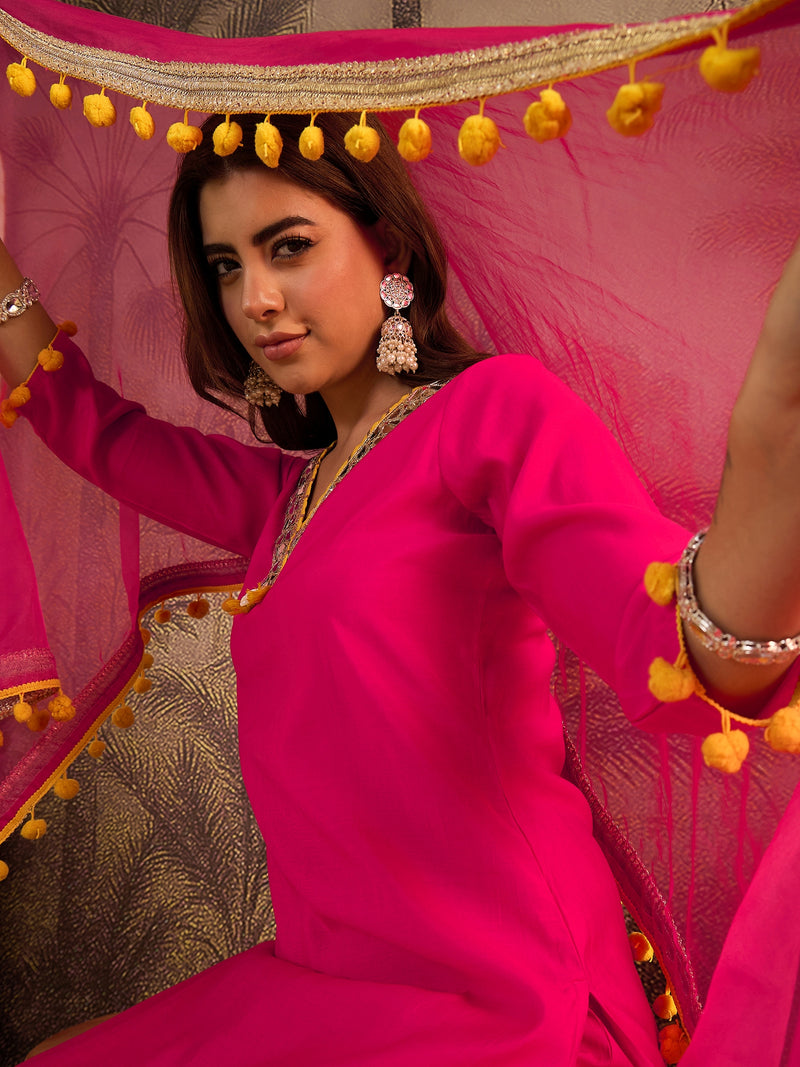 Floral Embroidered Straight Kurta With Trouser & Dupatta Kurta Set