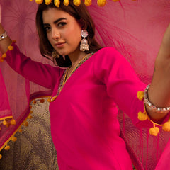 Floral Embroidered Straight Kurta With Trouser & Dupatta Kurta Set