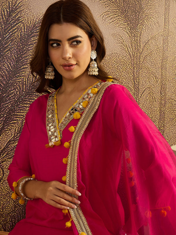 Floral Embroidered Straight Kurta With Trouser & Dupatta Kurta Set