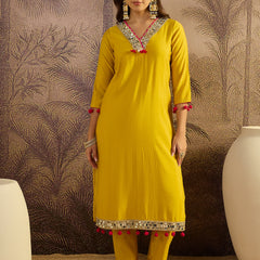 Floral Embroidered Straight Kurta With Trouser & Dupatta Kurta Set