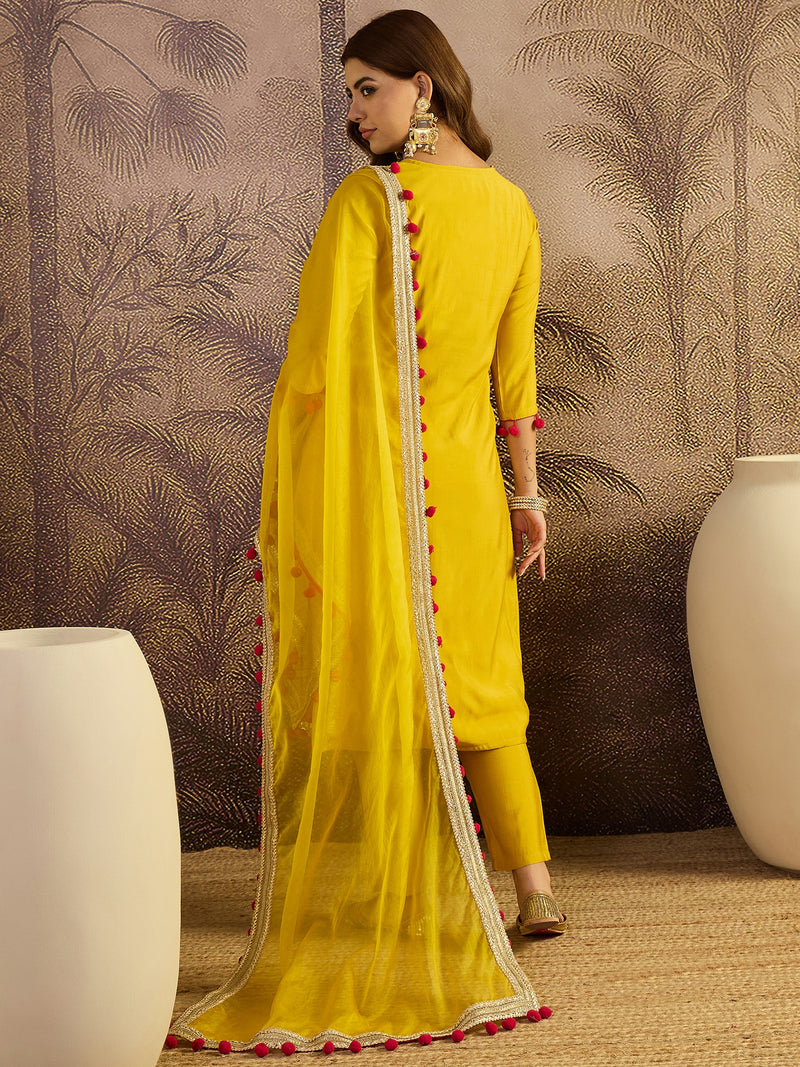 Floral Embroidered Straight Kurta With Trouser & Dupatta Kurta Set