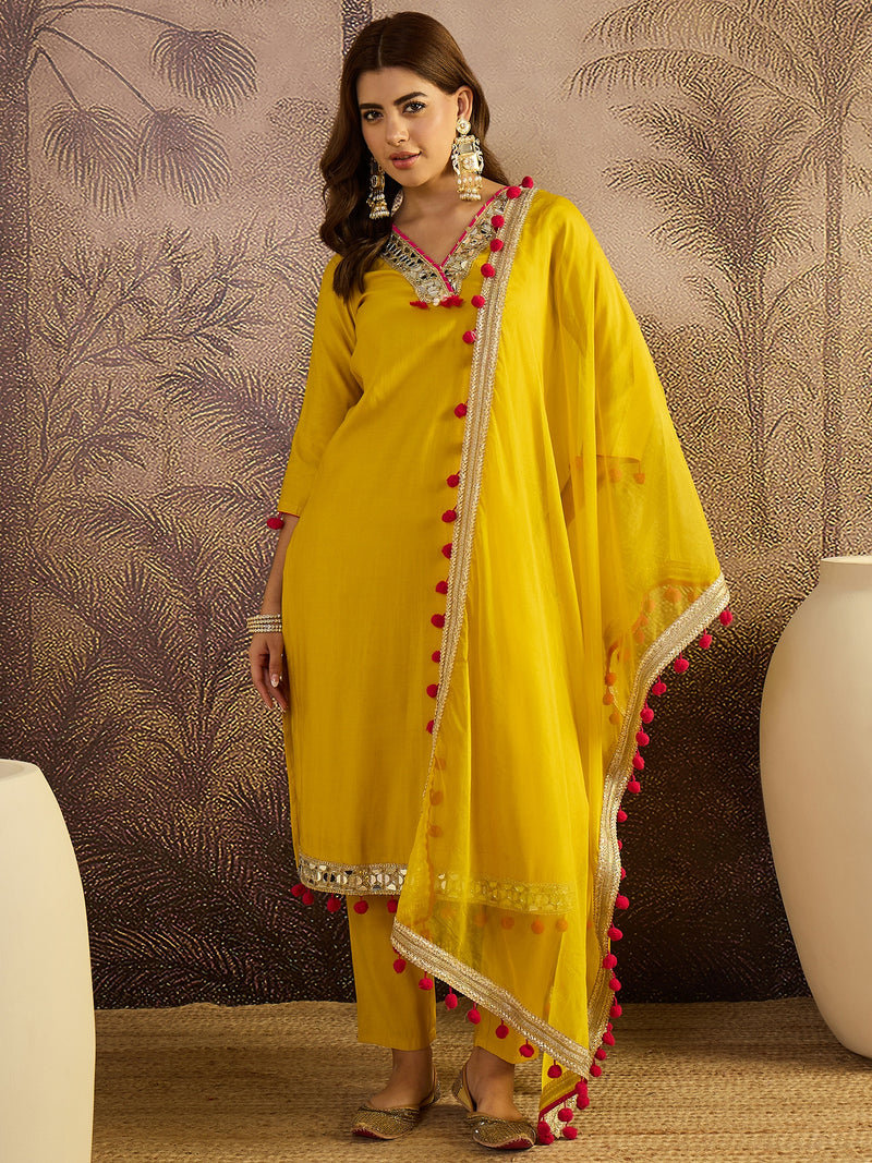 Floral Embroidered Straight Kurta With Trouser & Dupatta Kurta Set
