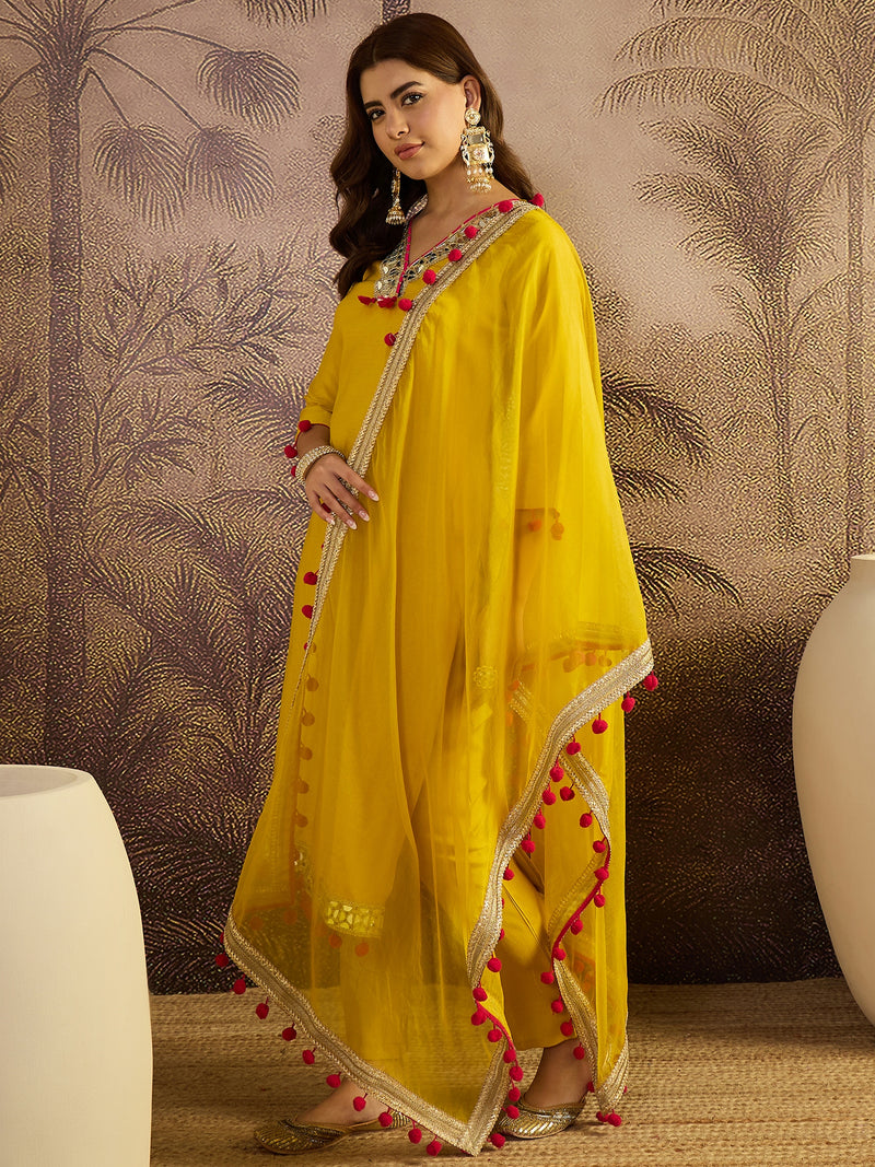 Floral Embroidered Straight Kurta With Trouser & Dupatta Kurta Set