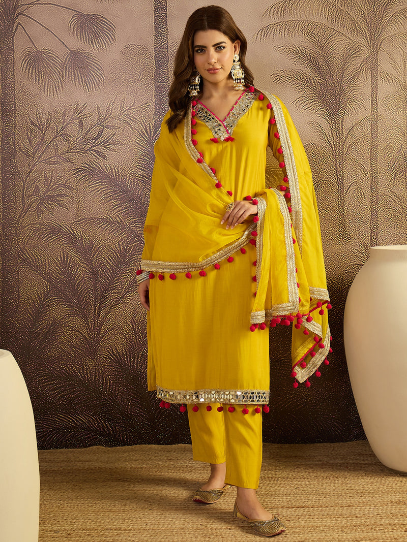 Floral Embroidered Straight Kurta With Trouser & Dupatta Kurta Set