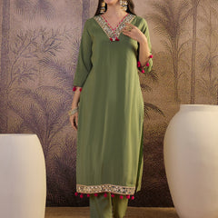 Floral Embroidered Straight Kurta With Trouser & Dupatta Kurta Set