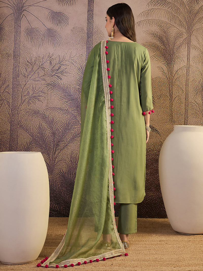 Floral Embroidered Straight Kurta With Trouser & Dupatta Kurta Set