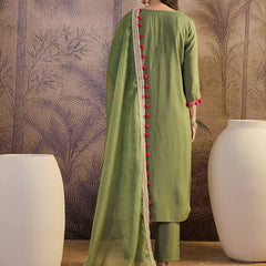 Floral Embroidered Straight Kurta With Trouser & Dupatta Kurta Set