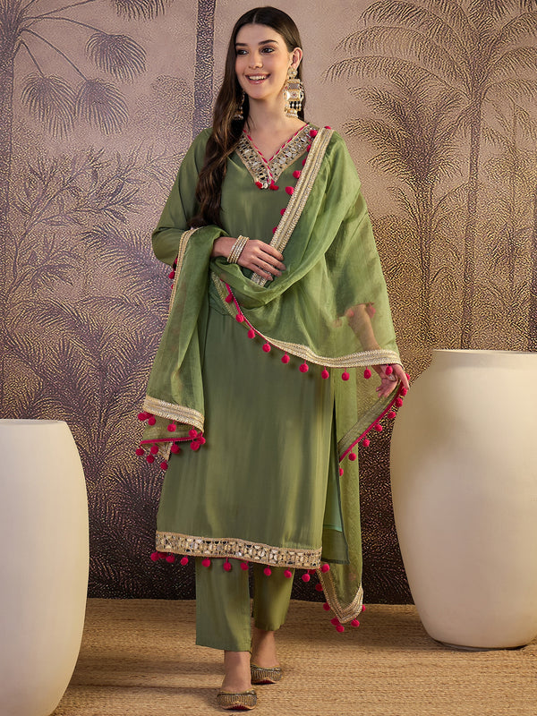Floral Embroidered Straight Kurta With Trouser & Dupatta Kurta Set