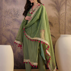 Floral Embroidered Straight Kurta With Trouser & Dupatta Kurta Set