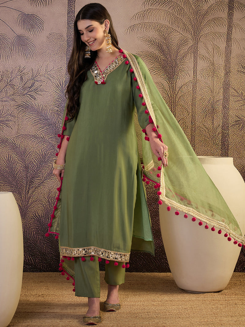 Floral Embroidered Straight Kurta With Trouser & Dupatta Kurta Set