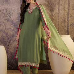 Floral Embroidered Straight Kurta With Trouser & Dupatta Kurta Set