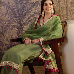 Floral Embroidered Straight Kurta With Trouser & Dupatta Kurta Set